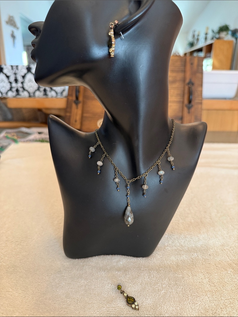 Delicate Labradorite (Green Flash) Drop Fringe Necklace & Coordinating Earrings